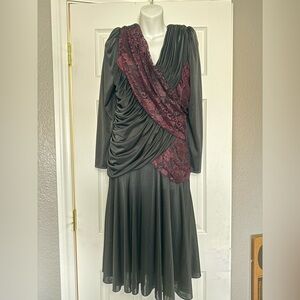 Vintage Filigree Draped Lace Dress Black Burgundy Gothic 80s l/xl